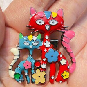 Cat Brooch Colorful Enamel Mother & Kitten Costume Pin – 1.5”